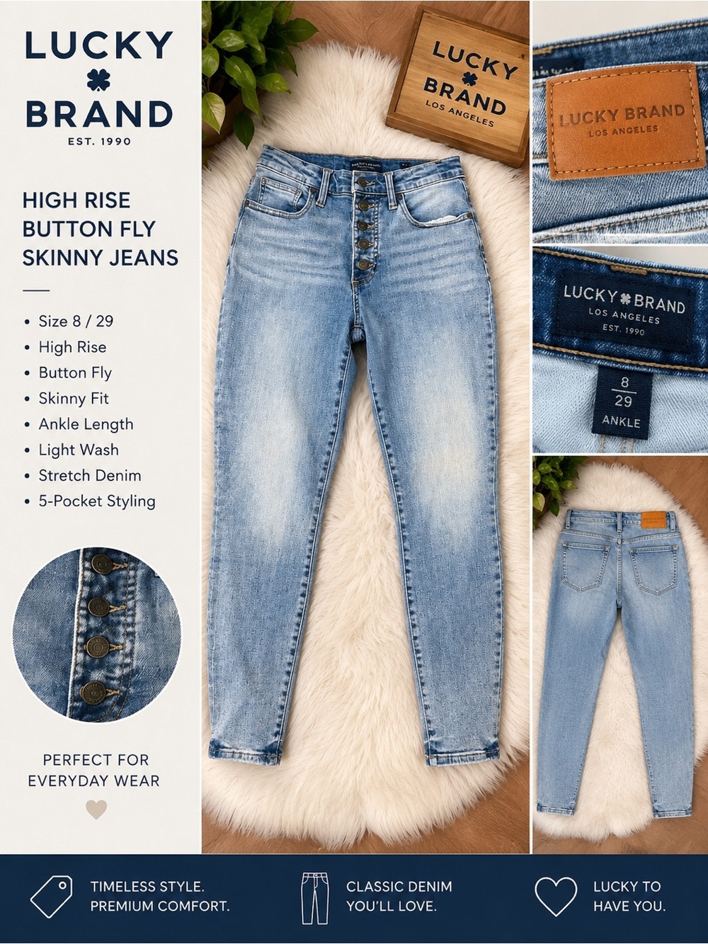 Lucky Brand High Rise Button Fly Skinny Ankle Jeans Light Wash Size 8/29